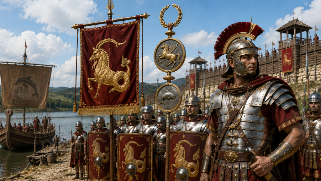 Nome titoli onorifici e simboli della Legio I Adiutrix - Scripta Manent Italia Emblemi della Legio I Adiutrix: vessillo con capricorno, insegna con Pegaso e delfino, scudi con decorazioni dorate, legionari schierati lungo il Danubio