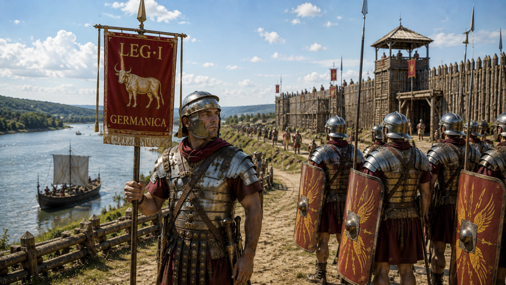 Nome titoli onorifici ed emblema della legione - Scripta Manent Italia Signifer della Legio I Germanica porta il vessillo con il simbolo del toro e la scritta LEG·I GERMANICA, affiancato da legionari in lorica segmentata davanti al castrum sul Reno