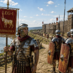 Roman legionaries in metal armor with red tunics stand along a wooden fortress by a river; a red banner with a bull and LEG·I GERMANICA is held front and center.