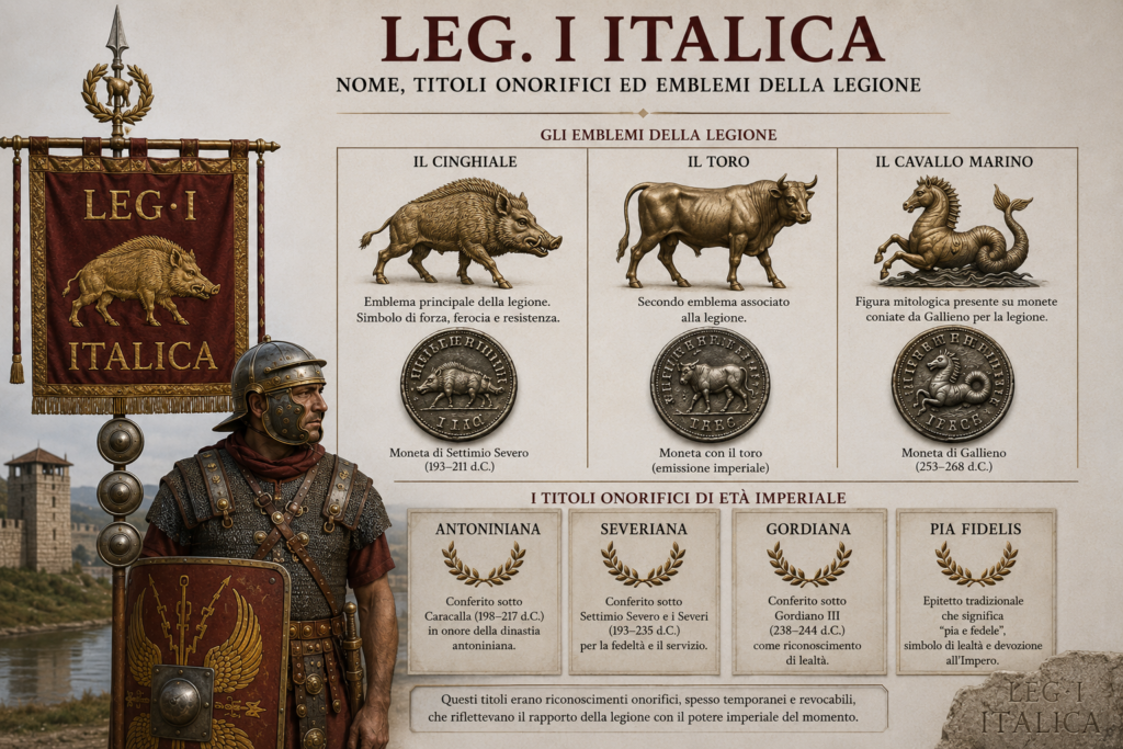 Nome titoli onorifici ed emblema della legione - Scripta Manent Italia Infografica Legio I Italica: emblemi della legione (cinghiale, toro, cavallo marino) e titoli onorifici imperiali Antoniniana, Severiana, Gordiana, Pia Fidelis