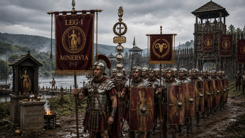 Nome titoli onorifici ed emblema della legione - Scripta Manent Italia Legionari romani della Legio I Minervia P.F. schierati con vessilli, signa e altare votivo a Minerva Protectrix presso un accampamento militare romano sul Reno
