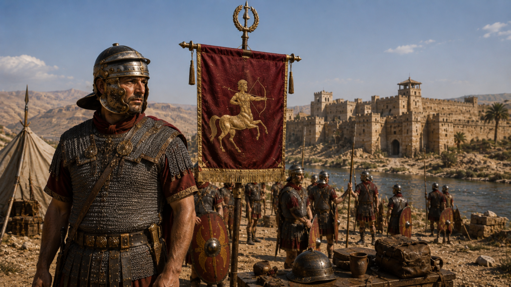 Legionario romano della Legio I Parthica in lorica hamata davanti allo stendardo con emblema del centauro, con la fortezza di Singara sullo sfondo e soldati schierati lungo il fiume