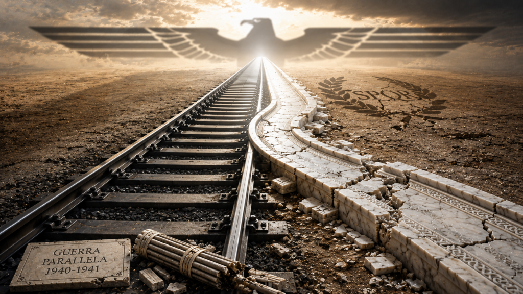 Non con la Germania non per la Germania - Scripta Manent Italia Binari ferroviari verso un’aquila in ombra, strada di marmo spezzata, fascio littorio e targa Guerra parallela 1940-1941