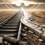 Railway tracks diverge toward a bright horizon as a giant eagle silhouette fills the sky, with cracked marble ruins nearby in a desolate landscape.