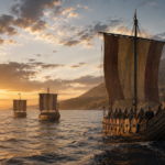 Three ancient warships with tall masts and striped sails sail toward a sunlit horizon at sunset, with a rocky coastline in the background.