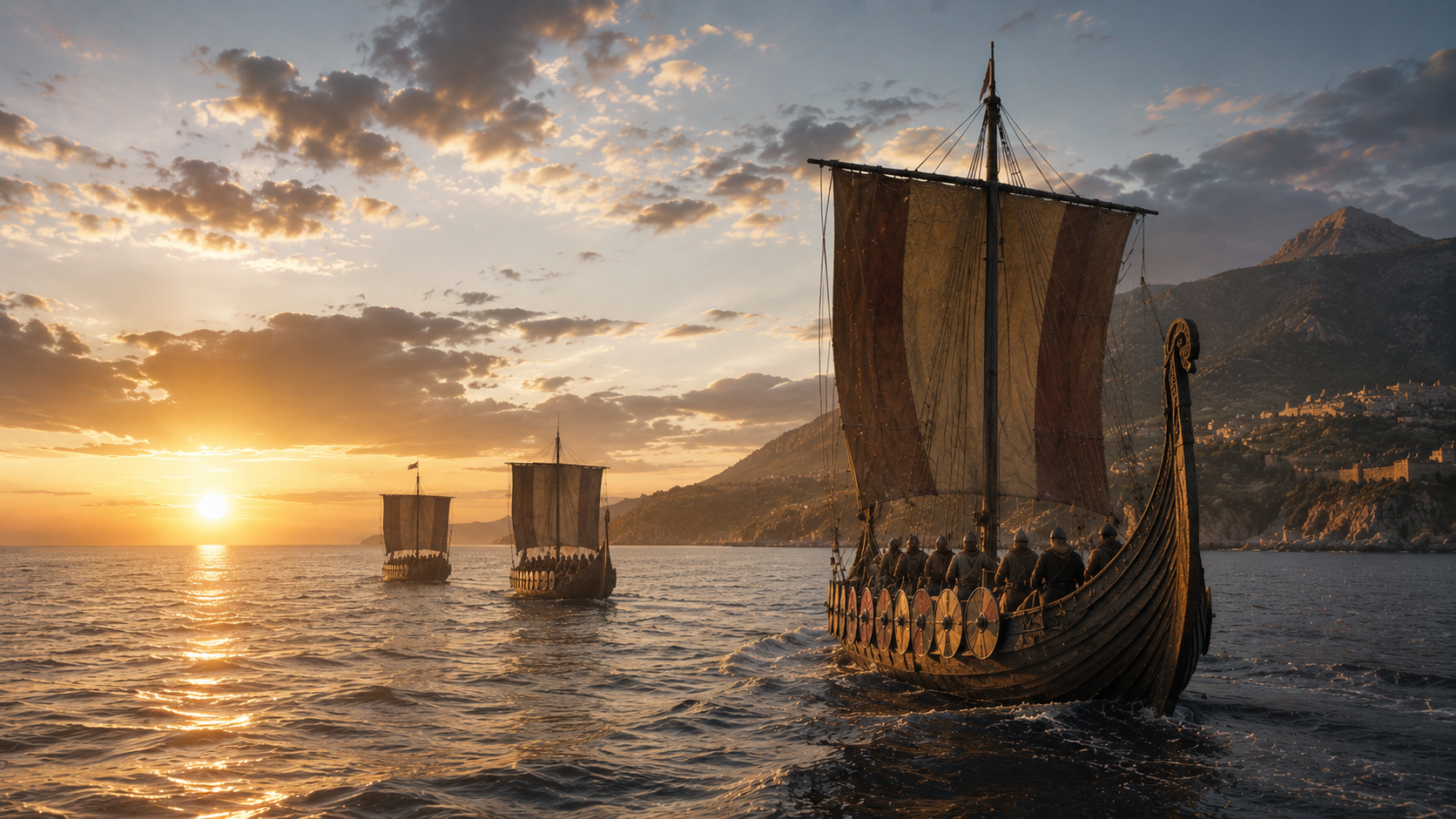 Three ancient warships with tall masts and striped sails sail toward a sunlit horizon at sunset, with a rocky coastline in the background.