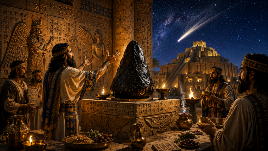 Sacerdoti babilonesi venerano un meteorite sacro su altare con iscrizioni cuneiformi, cometa nel cielo notturno e ziggurat sullo sfondo