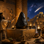 Ancient temple courtyard at night with priests around a dark, jagged rock on a pedestal performing a ritual with flames and offerings.
