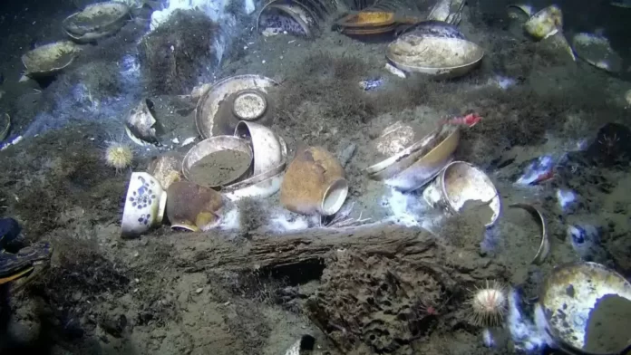Porcellana Underwater seabed littered with rusted metal pots and containers among sand and coral.