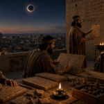 Four ancient scribes on a rooftop at dusk write on clay tablets while a walled city with a stepped tower glows in the background.