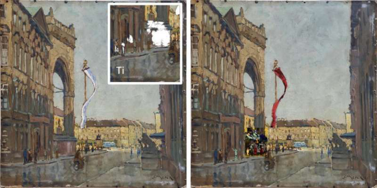 Pair of impressionist cityscape paintings of a stone street with archways, shown side by side; left panel has a white inset highlight in the upper section.