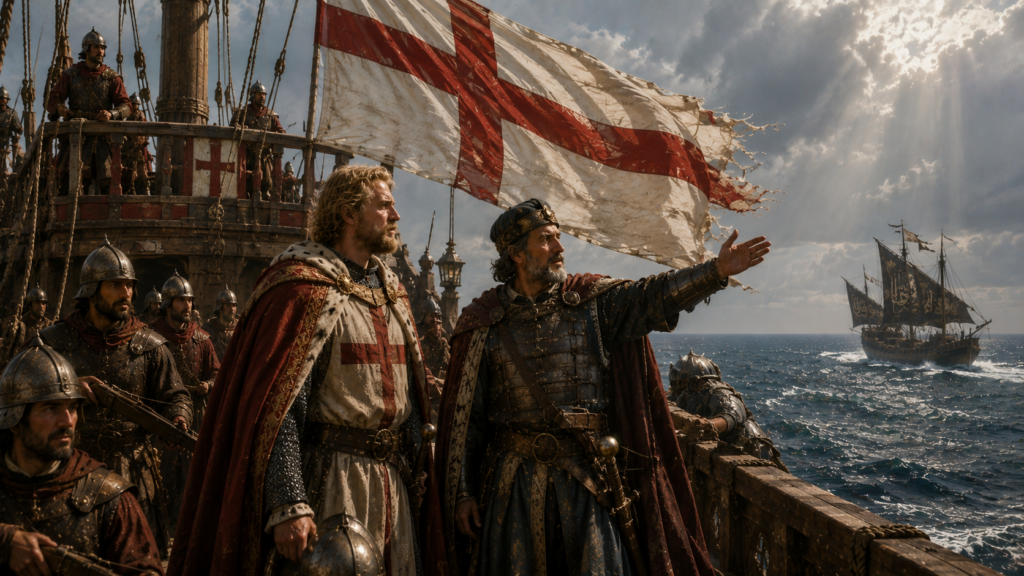 Riccardo e il Doge la storia che tutti vogliono credere - Scripta Manent Italia Riccardo Cuor di Leone e un doge genovese su una nave crociata con bandiera di San Giorgio durante una spedizione medievale
