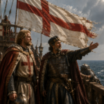 Medieval knights on a ship deck, one man gesturing toward distant sailing ships on a rough sea under a tattered white flag with a red cross (England).