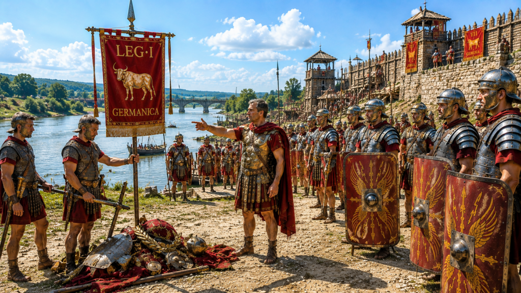Scioglimento eredità e fortuna critica della Legio I Germanica - Scripta Manent Italia Scioglimento della Legio I Germanica sul Reno nel 70 d.C.: il legatus consegna il vessillo LEG·I alla Legio VII Gemina per ordine di Vespasiano, con insegne deposte a terra