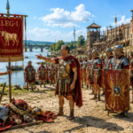 Roman legion reenactors by a river, holding a banner reading 'Legio I Germanica' with armored soldiers and a stone fortress in the background