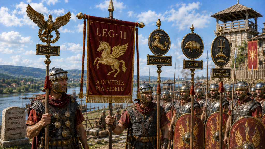 Simboli insegne e identità visiva - Scripta Manent Italia Insegne e simboli della Legio II Adiutrix Pia Fidelis: legionari romani in lorica segmentata reggono il vessillo rosso con Pegaso dorato e scritta Adiutrix Pia Fidelis, l'aquila legionaria su asta con targa LEG II, e tre signa con i simboli araldici della legione — il Capricorno, il cinghiale (Aper) e il tridente con delfini della Classis Ravennatis