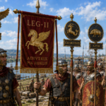 Roman legion soldiers in armor line up with ornate shields and banners along a riverside parade ground, siècles-style fortifications in the background.