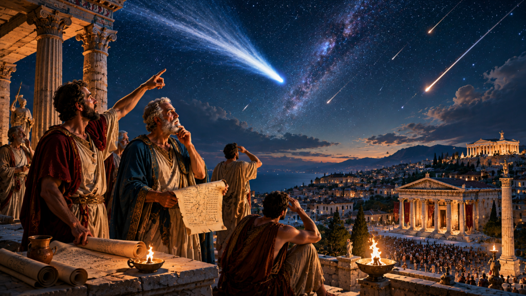 Filosofi greci osservano comete e stelle cadenti dal Partenone di Atene di notte, con papiri astronomici e meteore nel cielo