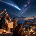 Ancient philosophers on a marble terrace watch a meteor shower and bright comet streak across a starry night above a classical city and temples.