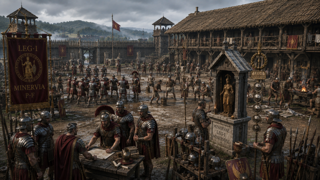 Struttura interna e vita quotidiana della Legio I Minervia - Scripta Manent Italia Ufficiali della Legio I Minervia P.F. consultano mappe strategiche nel praetorium del castrum, con ara votiva a Minerva, signa legionari e soldati romani in addestramento nel campo