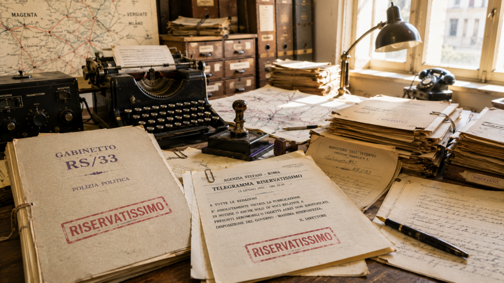 Scrivania d'epoca anni Trenta con dossier classificato Gabinetto RS/33 della Polizia Politica, telegramma riservatissimo dell'Agenzia Stefani del 13 giugno 1933 che vieta la pubblicazione di notizie su oggetti aerei non identificati, macchina da scrivere e cartina stradale di Magenta e Vergiate