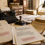 Vintage police desk with typewriter, stamp, and stacks of confidential files marked RISERVATISSIMO in an archival office.