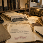 Vintage archive desk with a typewriter, radio equipment, scattered maps, and stamped 'RISERVATO' documents in Italian.
