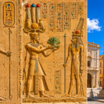 Triptych collage of Egyptian reliefs: a pharaoh and two deities on a sunlit stone wall, with hieroglyphs and offerings in the panels, plus a tall inscribed obelisk in a plaza.