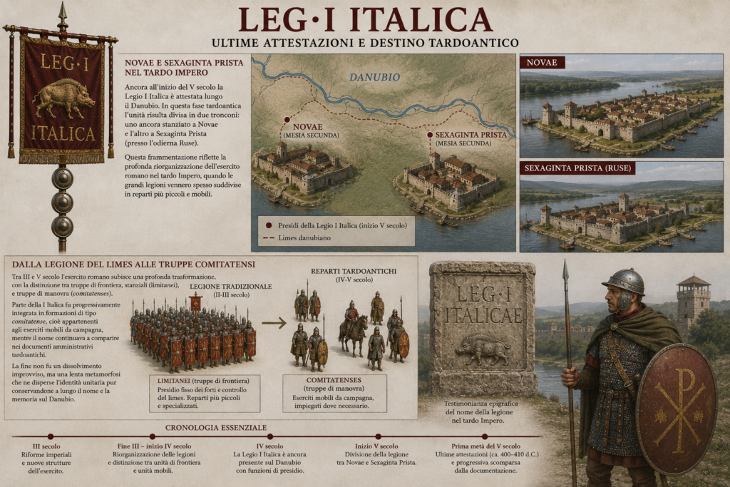 Ultime attestazioni e destino tardoantico - Scripta Manent Italia Infografica Legio I Italica: ultime attestazioni tardoantiche a Novae e Sexaginta Prista sul Danubio, trasformazione da legione a truppe comitatensi tra IV e V secolo d.C.