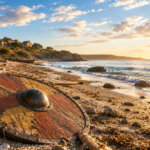 Sunset over a rocky beach with a large circular wooden shield in the foreground and houses on a hill in the distance.