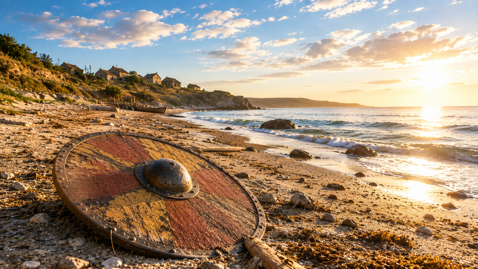 Sunset over a rocky beach with a large circular wooden shield in the foreground and houses on a hill in the distance.