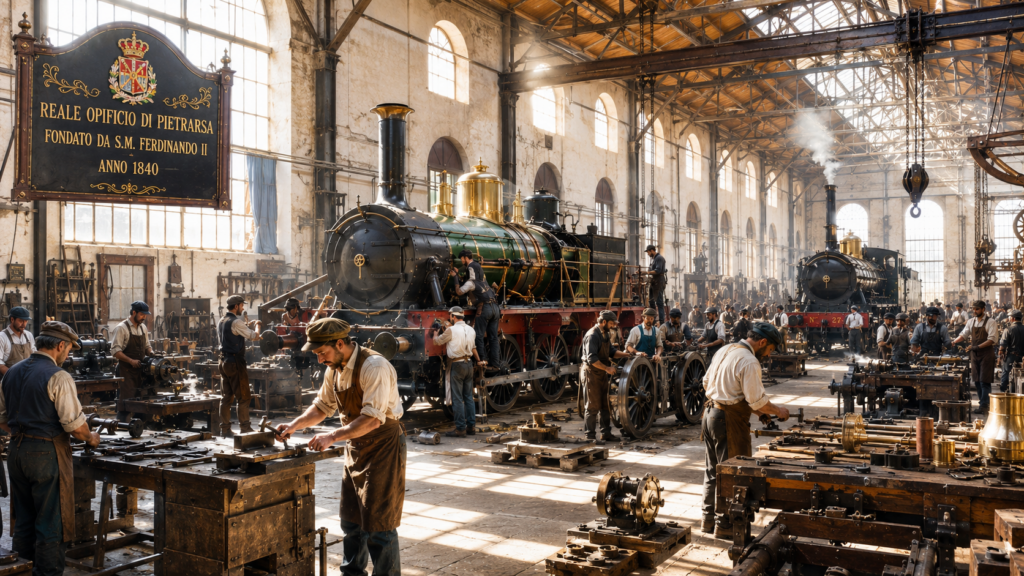 Operai costruiscono locomotive a vapore nel Reale Opificio di Pietrarsa, fondato da Ferdinando II nel 1840, grande officina industriale del Regno delle Due Sicilie