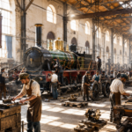 Inside a large historic locomotive workshop, workers in overalls repair a green steam engine with a second engine in the background.