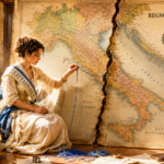 19th‑century woman with a citizenship sash untangles a cracked map of Italy labeled 1880, surrounded by old books and papers.
