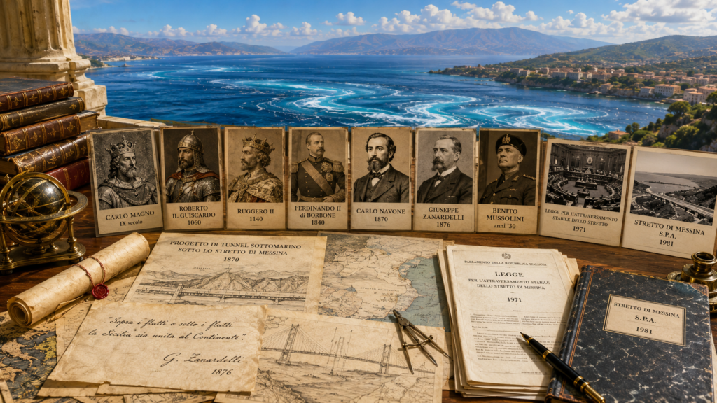 Una lunga storia di tentativi falliti - Scripta Manent Italia Collage storico sui progetti di collegamento dello Stretto di Messina: su un tavolo con mappe antiche, compasso e documenti storici, una serie di ritratti raffigura Carlo Magno (IX sec.), Roberto il Guiscardo (1060), Ruggero II (1140), Ferdinando II di Borbone (1840), Carlo Navone (1870), Giuseppe Zanardelli (1876) e Benito Mussolini (anni'30), affiancati dalla Legge per l'Attraversamento Stabile dello Stretto (1971) e dal dossier Stretto di Messina S.p.A. (1981), con lo sfondo del mare in vortice tra Sicilia e Calabria
