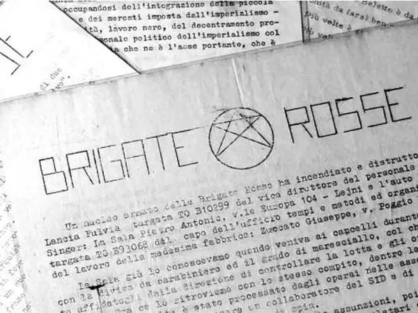 Brigate rosse Collage of black-and-white newspaper clippings featuring the words Brigate Rosse and a circular logo.