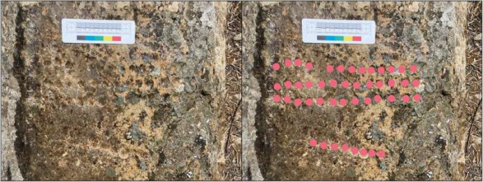 Rock surface with a color calibration card for scale (left image).