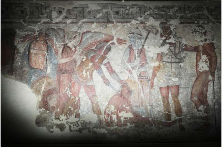Faded ancient wall fresco showing soldiers in armor engaged in combat with shields and spears.