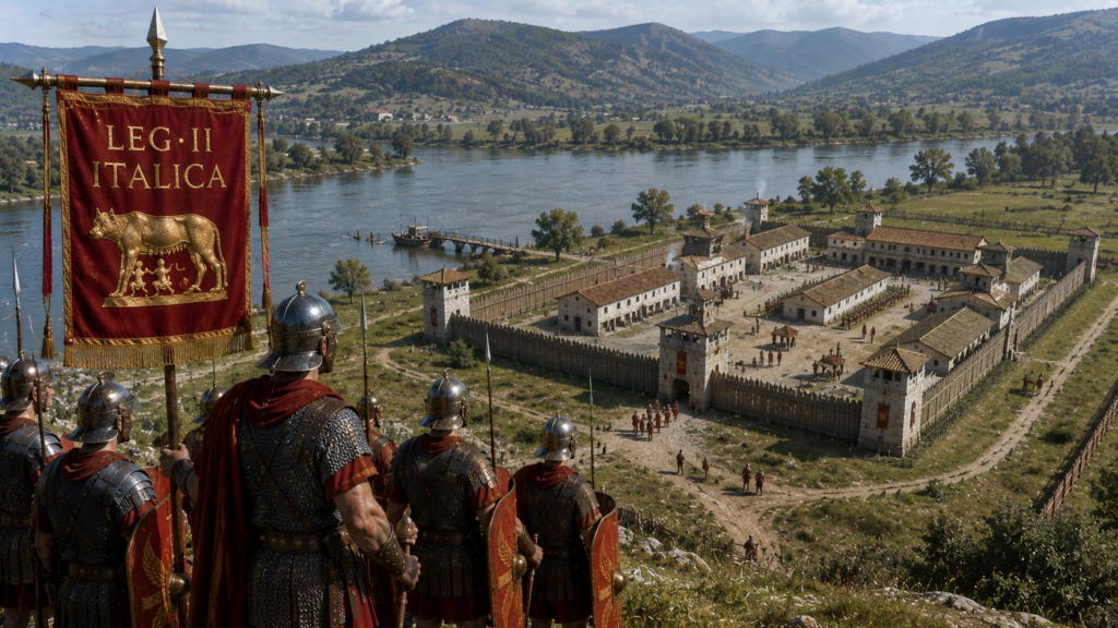 Basi spostamenti e guarnigioni - Scripta Manent Italia Vessillo LEG II ITALICA su collina con vista sul forte fortificato di Lauriacum lungo il Danubio