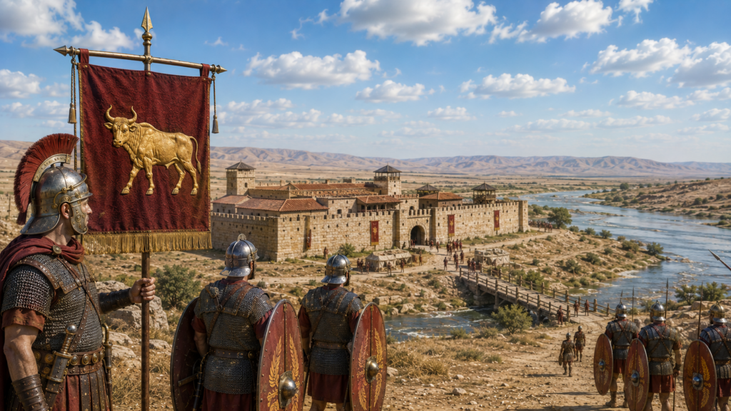 Guarnigione della Legio III Parthica: fortezza romana sul fiume Eufrate con legionari, ponte e vessillo del toro