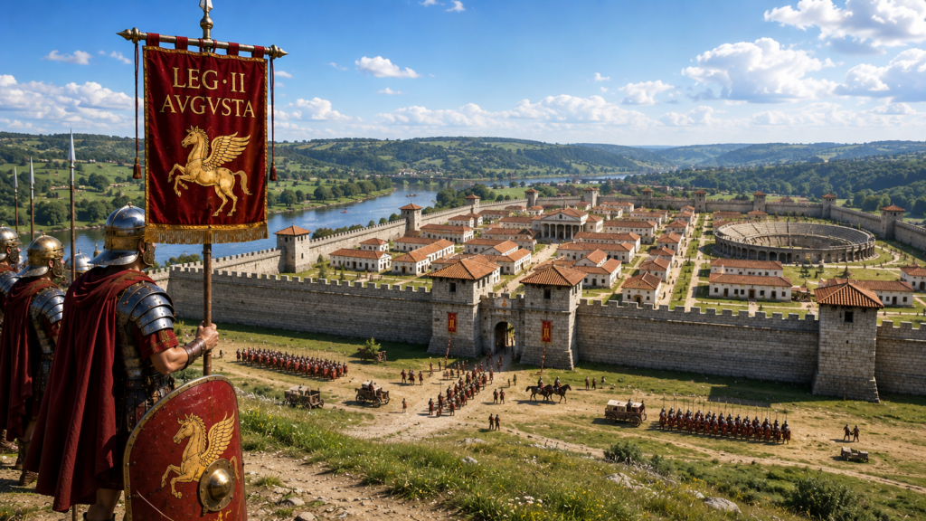 Basi spostamenti e guarnigioni - Scripta Manent Italia Veduta panoramica di una fortezza romana della Legio II Augusta con mura, anfiteatro e legionari in marcia lungo il fiume