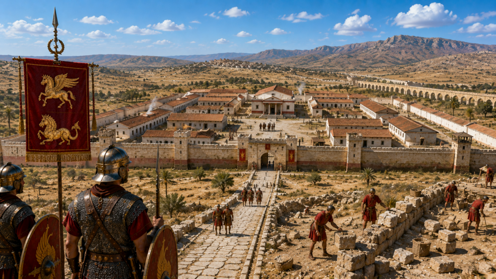 Legionari della Legio III Augusta osservano la fortezza di Lambaesis con acquedotto romano sullo sfondo