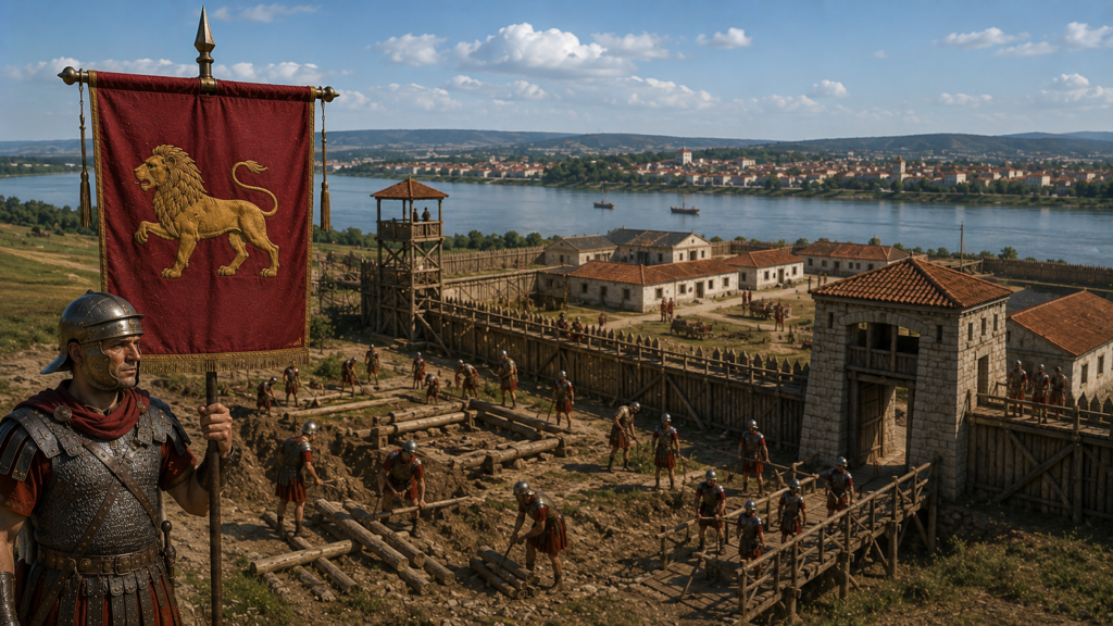 Basi spostamenti e guarnigioni - Scripta Manent Italia Legionario con vessillo del leone della Legio IV Flavia Felix davanti alla fortezza di Singidunum sul Danubio