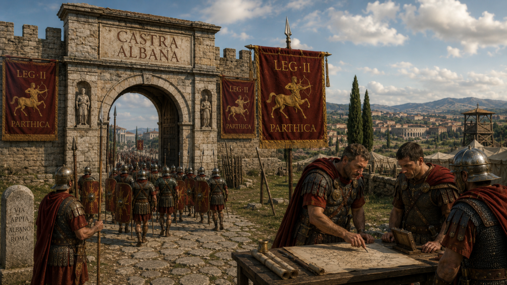 Basi spostamenti e guarnigioni - Scripta Manent Italia Porta di Castra Albana con vessilli della Legio II Parthica, legionari e cippo della via Appia Albano-Roma