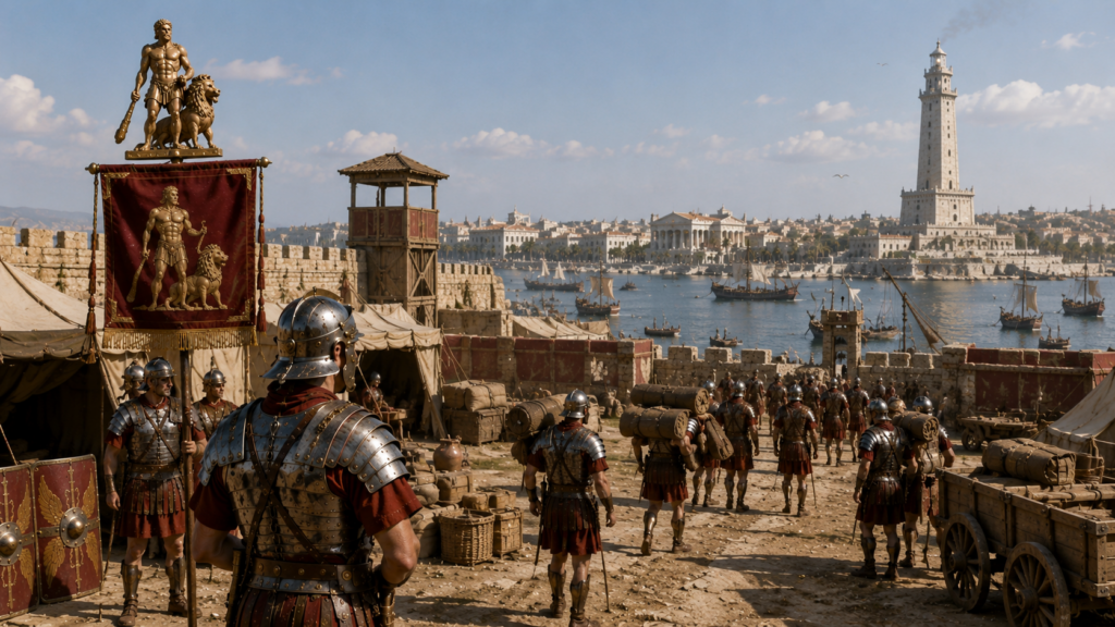 Basi spostamenti e guarnigioni - Scripta Manent Italia Accampamento militare della Legio II Traiana Fortis a Nicopoli con vessillo di Ercole e legionari in marcia verso il porto di Alessandria