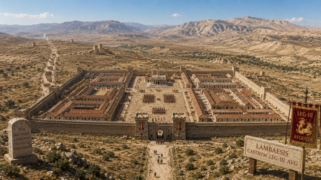 Basi spostamenti e guarnigioni - Scripta Manent Italia Veduta aerea del Castrum Legio III Augusta a Lambaesis con via militaris verso Thevestem e Ammaedaram