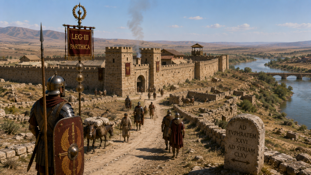 Fortezza di Rhesaina con vessillo Legio III Parthica, cippo miliare verso Eufrate e Siria
