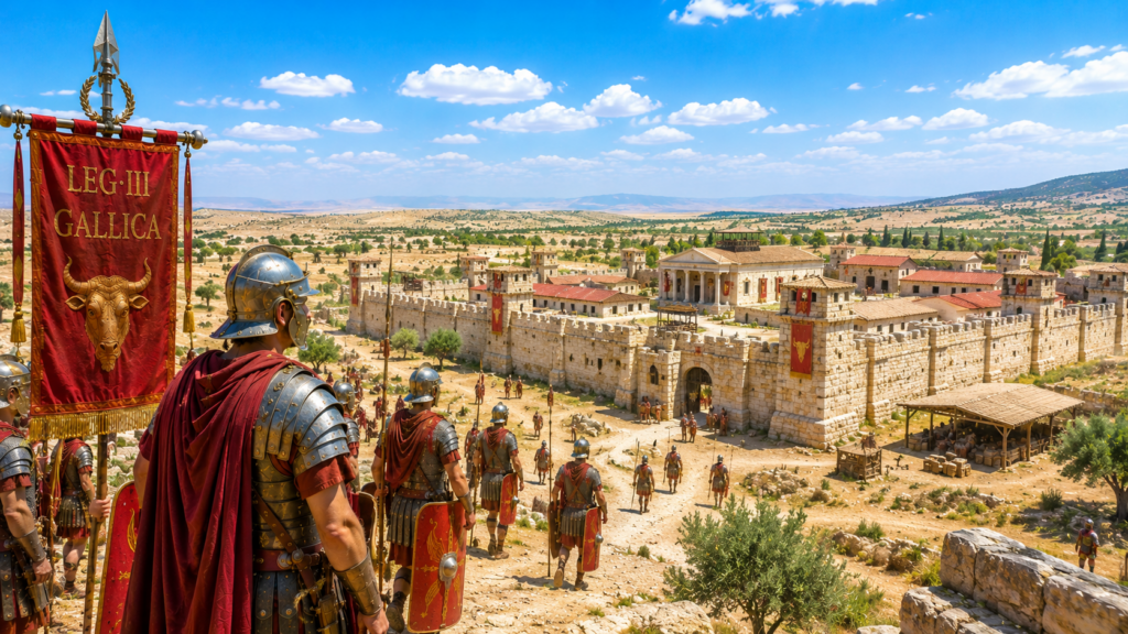 Basi spostamenti e guarnigioni - Scripta Manent Italia Legionari della III Gallica con insegna del toro davanti a fortezza romana in Siria