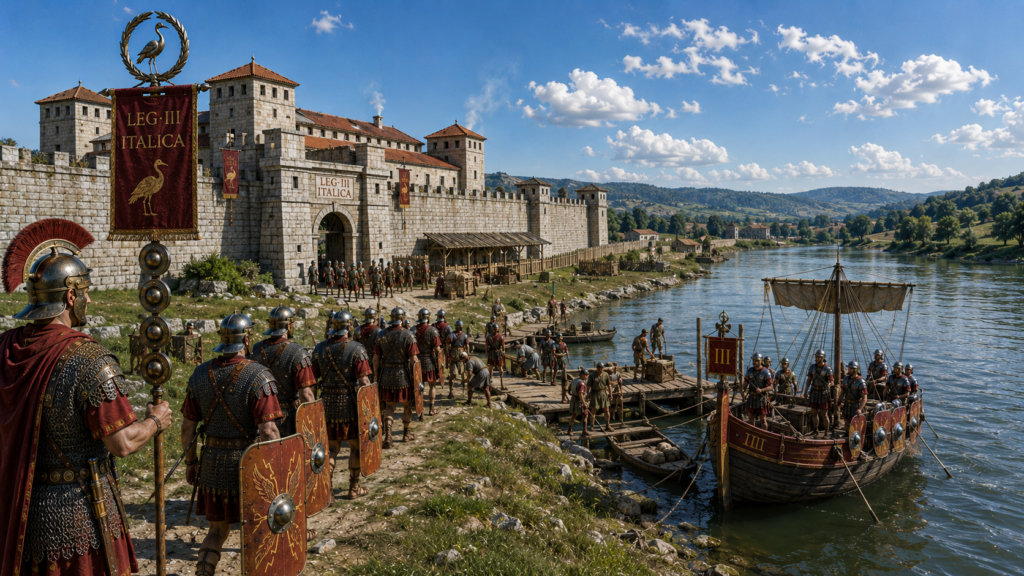 Basi spostamenti e guarnigioni - Scripta Manent Italia Fortezza romana della Legio III Italica sul Danubio con vessillo LEG III ITALICA, mura fortificate, banchina fluviale e nave militare per il rifornimento