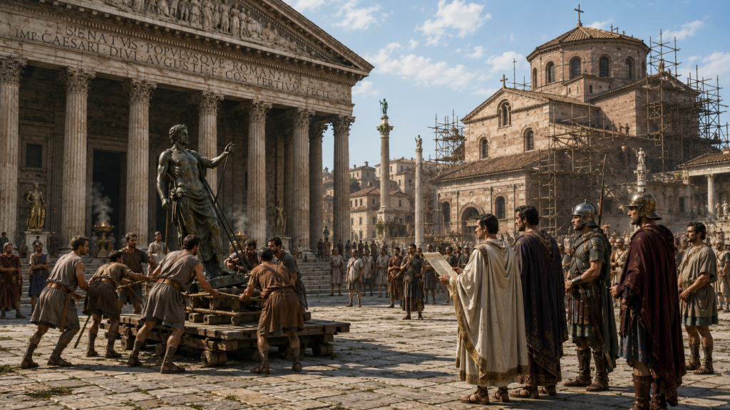Costantino I 306337 - Scripta Manent Italia Statua imperiale rimossa dal Foro Romano durante il regno di Costantino I, con senato pagano e basilica cristiana in costruzione sullo sfondo